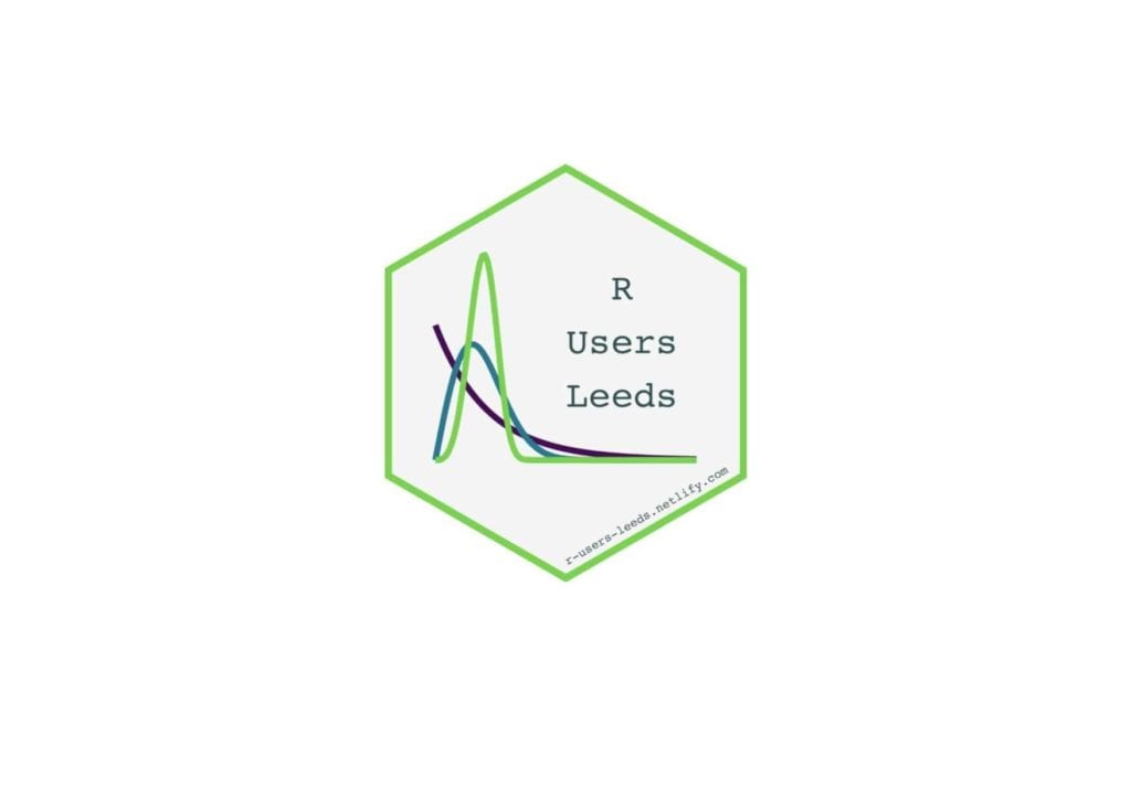 Hex sticker for R users Leeds with 3 chart lines with a right skew