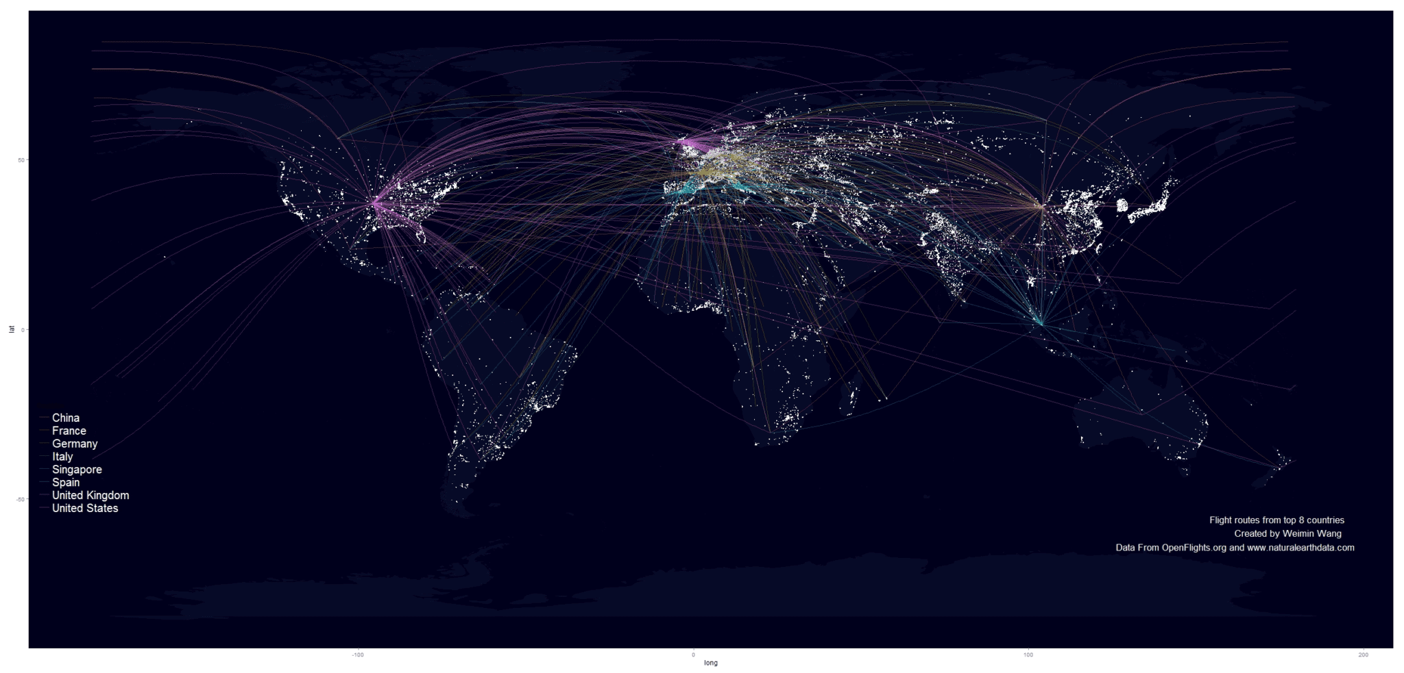 Global map with outline of countries with countries defined by the flight paths being lighter than the background